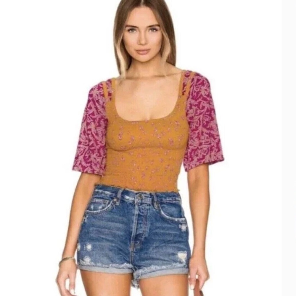 Free People Marigold Tee in Golden Combo Smocked Crop Top Size XS